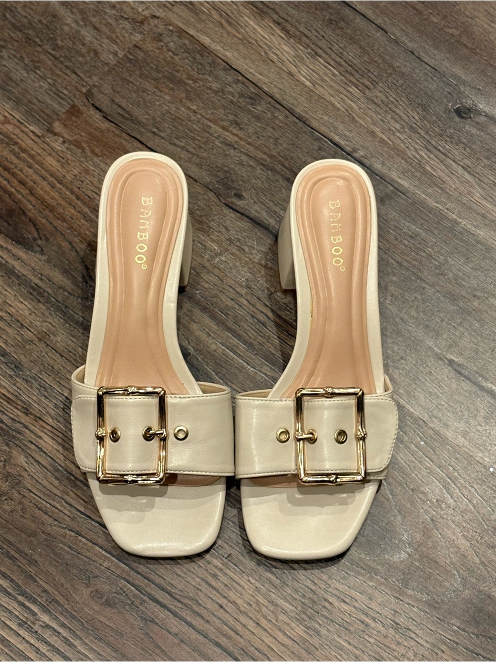 BAMBOO Cream Slide Mules with Gold Buckle
